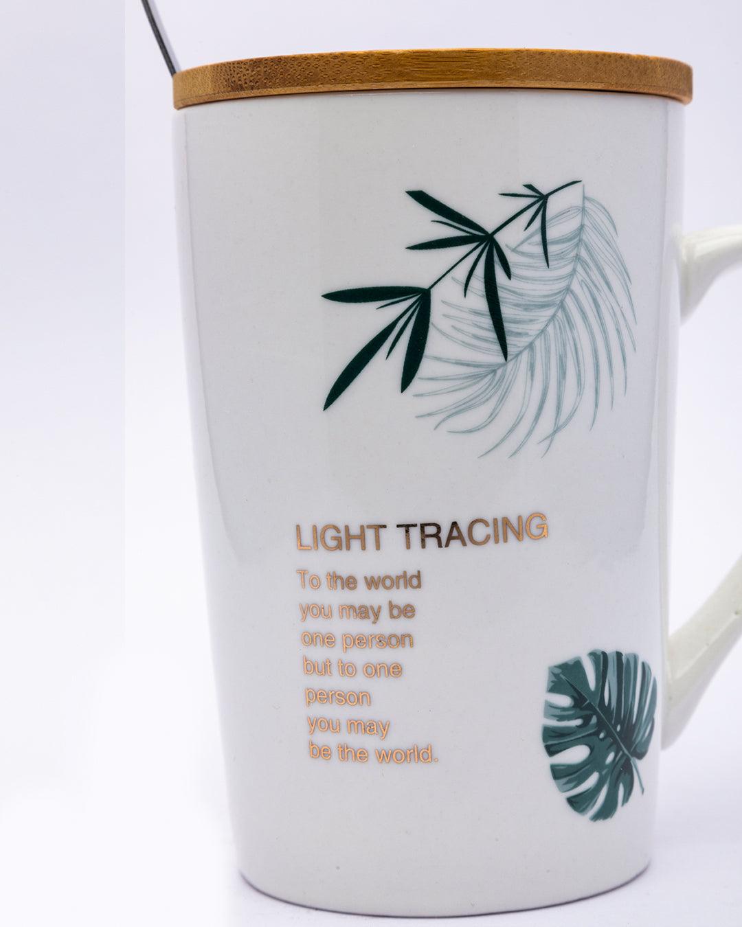 Mug with Lid & Spoon, Tea & Coffee Mug, Botanical Print, White, Ceramic, 360 mL - MARKET 99