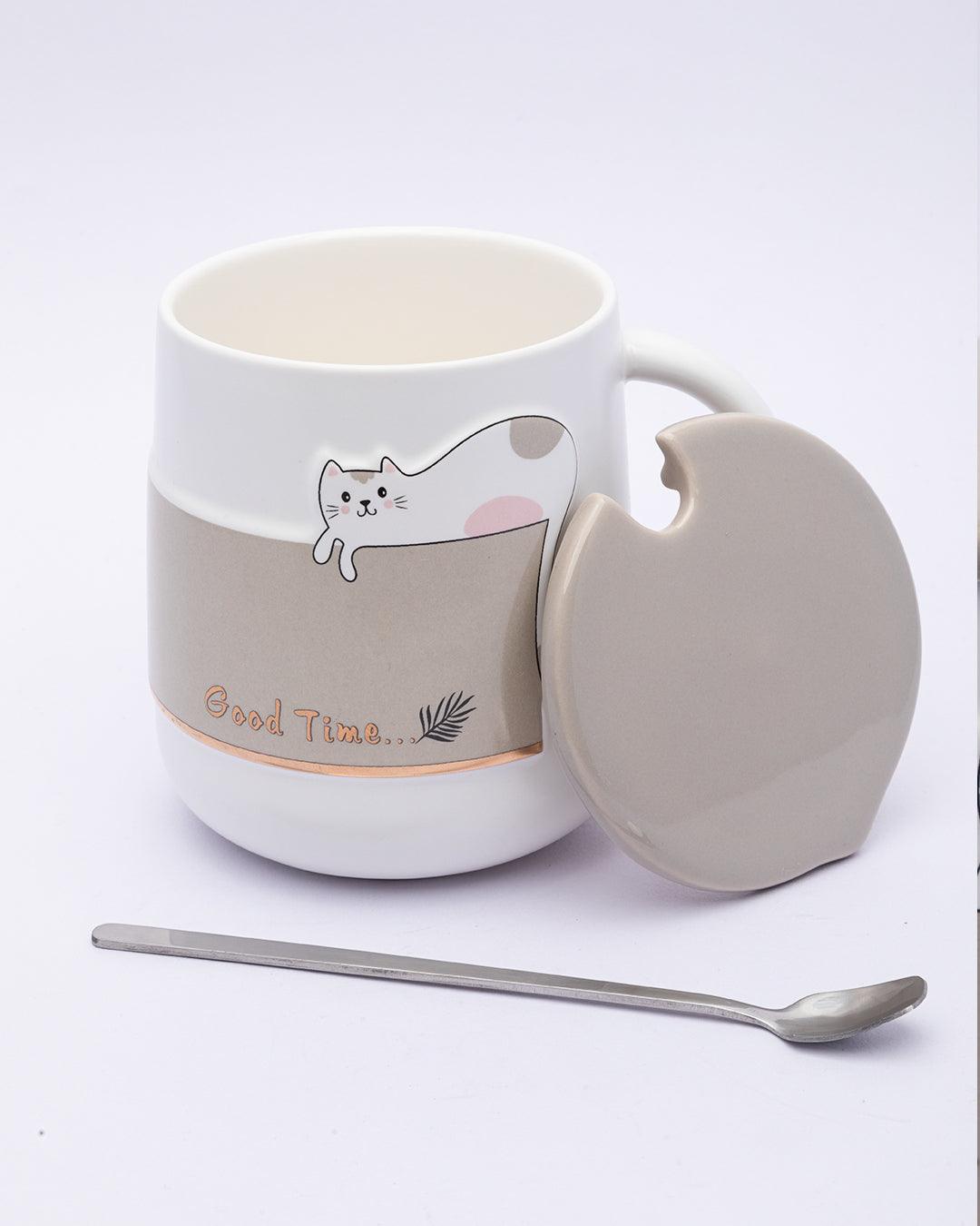 Mug, with Lid & Spoon, Tea & Coffee Mug, Brown, Ceramic, 450 mL - MARKET 99