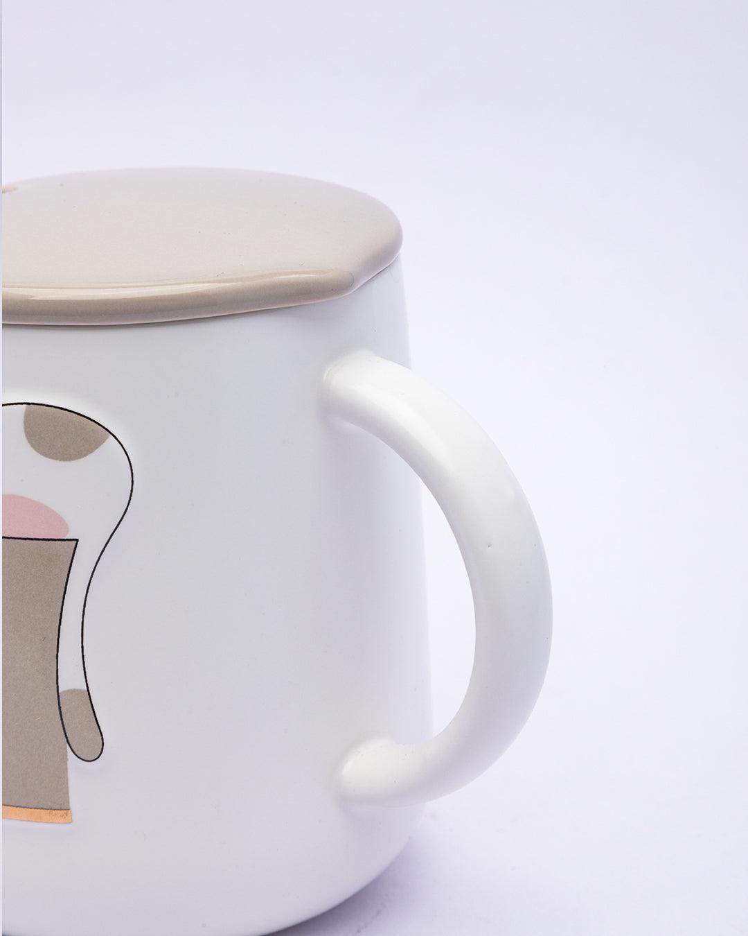 Mug, with Lid & Spoon, Tea & Coffee Mug, Brown, Ceramic, 450 mL - MARKET 99