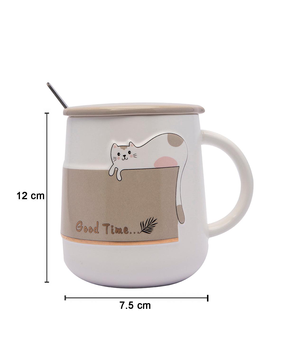 Mug, with Lid & Spoon, Tea & Coffee Mug, Brown, Ceramic, 450 mL - MARKET 99