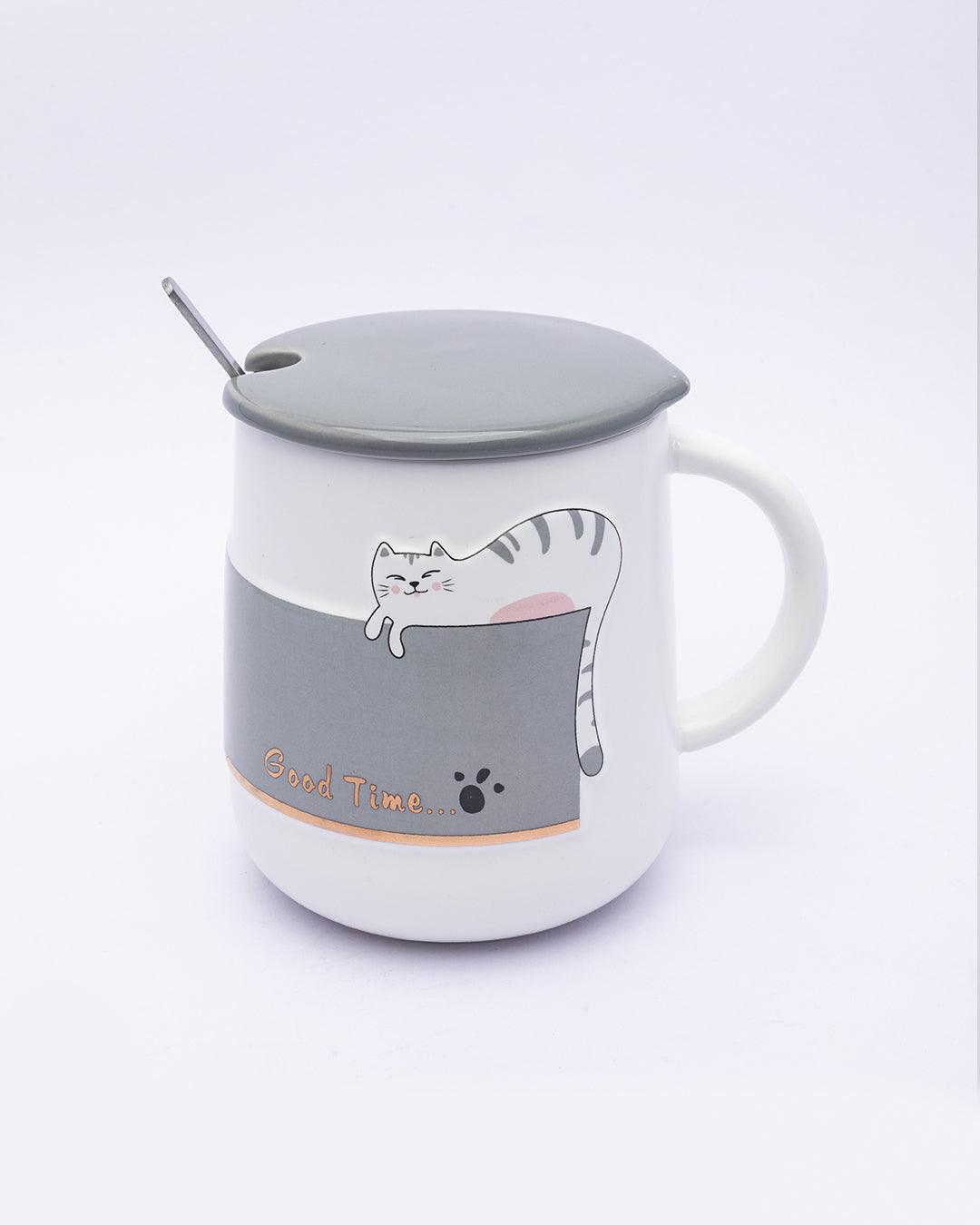 Mug, with Lid & Spoon, Tea & Coffee Mug, Grey, Ceramic, 450 mL - MARKET 99