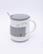 Mug, with Lid & Spoon, Tea & Coffee Mug, Grey, Ceramic, 450 mL - MARKET 99