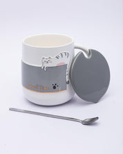 Mug, with Lid & Spoon, Tea & Coffee Mug, Grey, Ceramic, 450 mL - MARKET 99