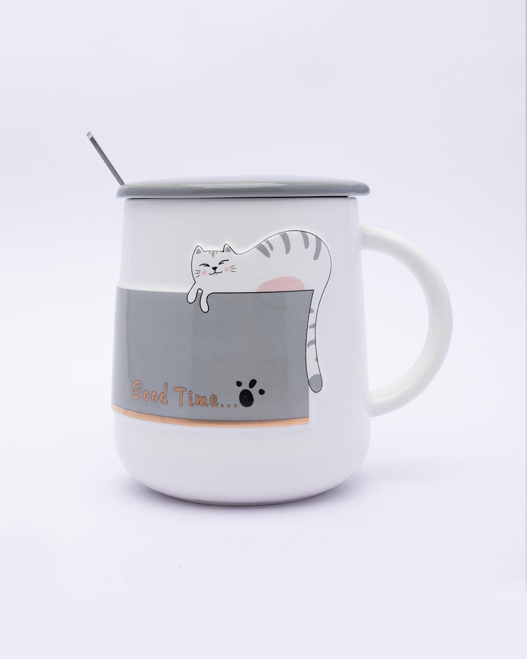 Mug, with Lid & Spoon, Tea & Coffee Mug, Grey, Ceramic, 450 mL - MARKET 99