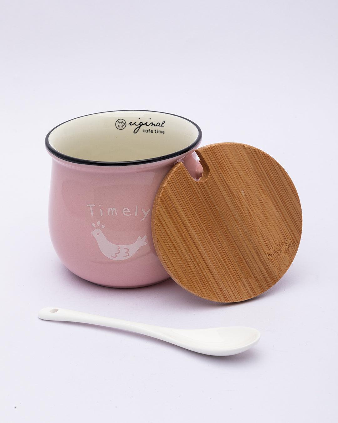 Mug with Lid & Spoon, Tea & Coffee Mug, Pink, Ceramic, 400 mL - MARKET 99