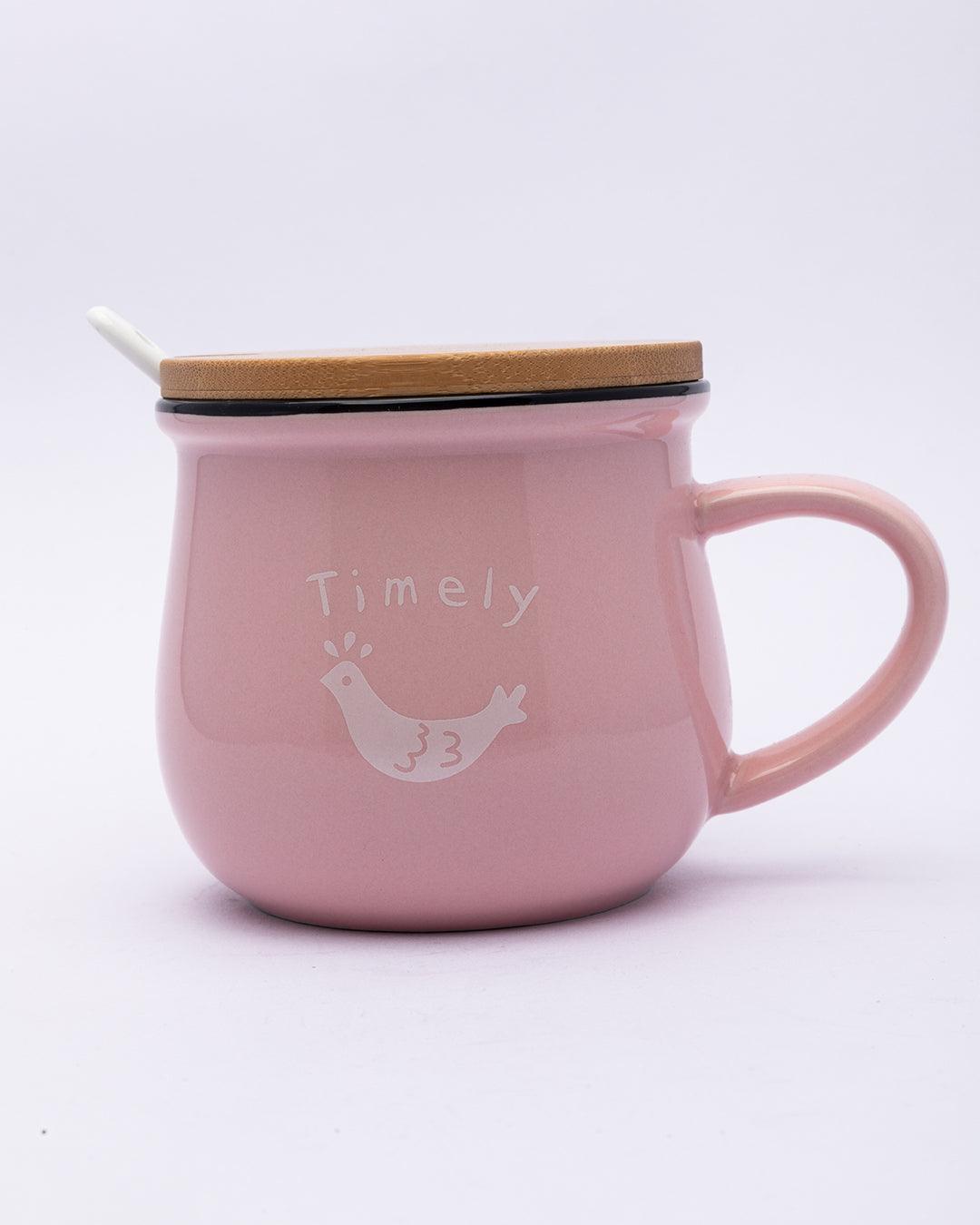 Mug with Lid & Spoon, Tea & Coffee Mug, Pink, Ceramic, 400 mL - MARKET 99