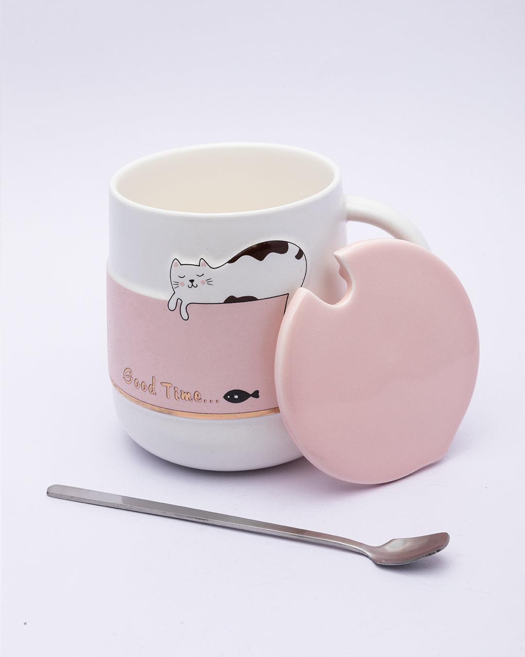 Mug, with Lid & Spoon, Tea & Coffee Mug, Pink, Ceramic, 450 mL - MARKET 99