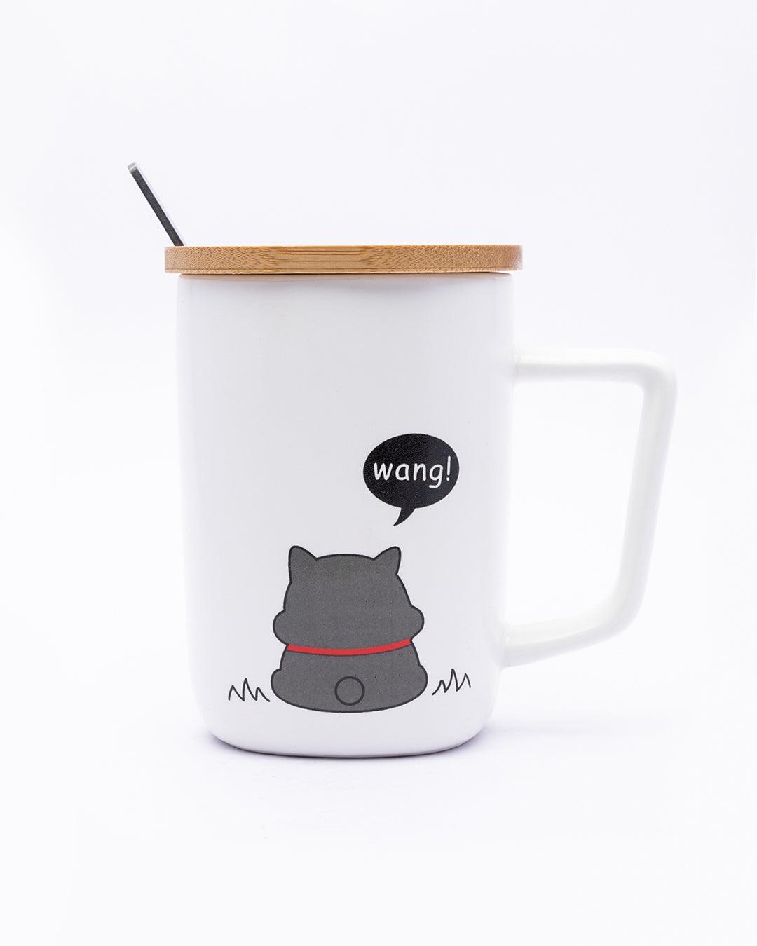 Mug with Lid & Spoon, Tea & Coffee Mug, White, Ceramic, 360 mL - MARKET 99