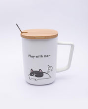 Mug with Lid & Spoon, Tea & Coffee Mug, White, Ceramic, 360 mL - MARKET 99