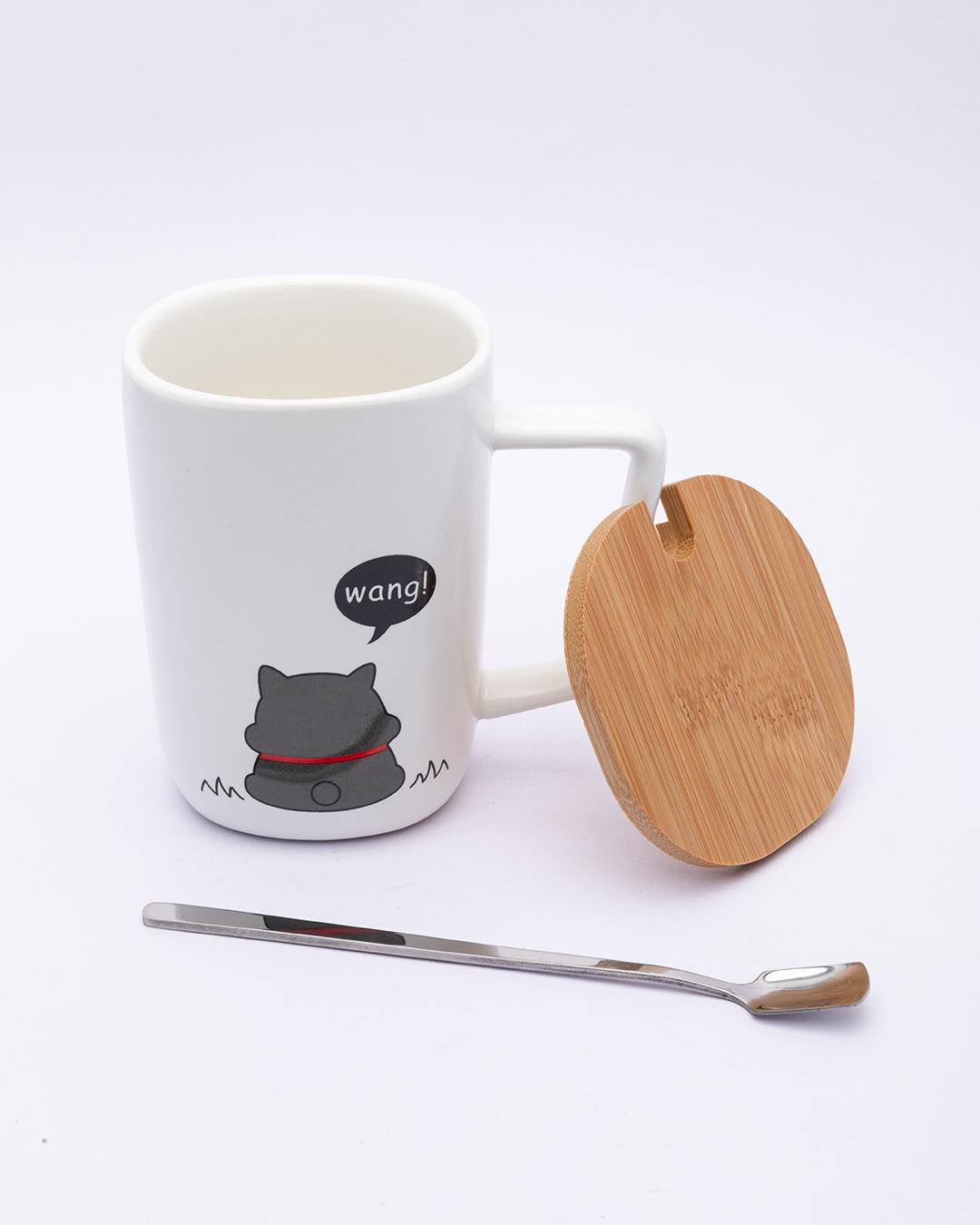 Mug with Lid & Spoon, Tea & Coffee Mug, White, Ceramic, 360 mL - MARKET 99