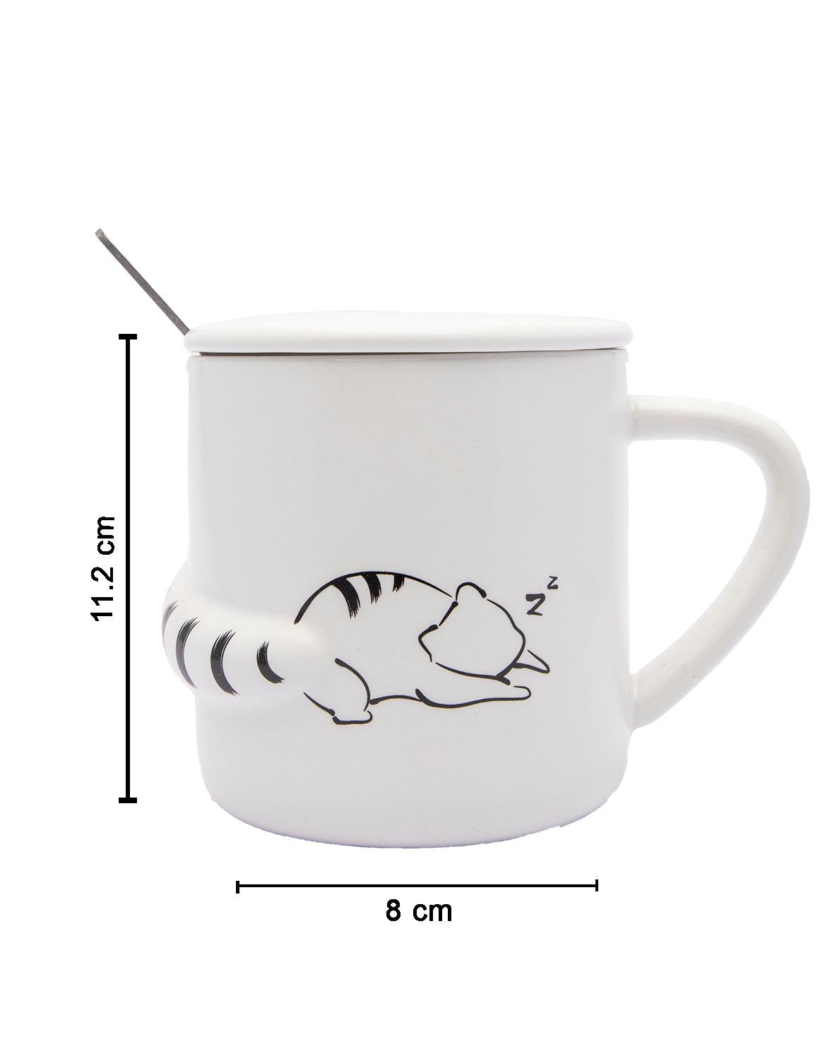 Mug, with Lid & Spoon, Tea & Coffee Mug, White, Ceramic, 380 mL - MARKET 99