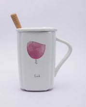 Mug with Lid & Spoon, Tea & Coffee Mug, White, Ceramic, 400 mL - MARKET 99