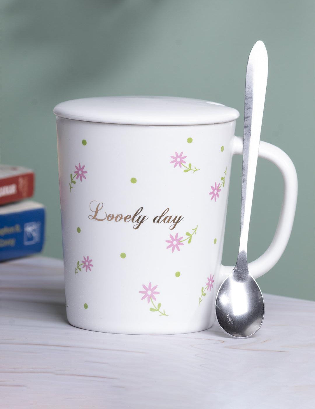 Mug with Lid & Spoon, Tea & Coffee Mug, White, Ceramic, 400 mL - MARKET 99