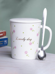 Mug with Lid & Spoon, Tea & Coffee Mug, White, Ceramic, 400 mL - MARKET 99