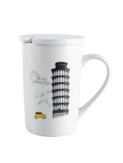 Mug with Lid & Spoon, Tea & Coffee Mug, White, Ceramic, 400 mL - MARKET 99