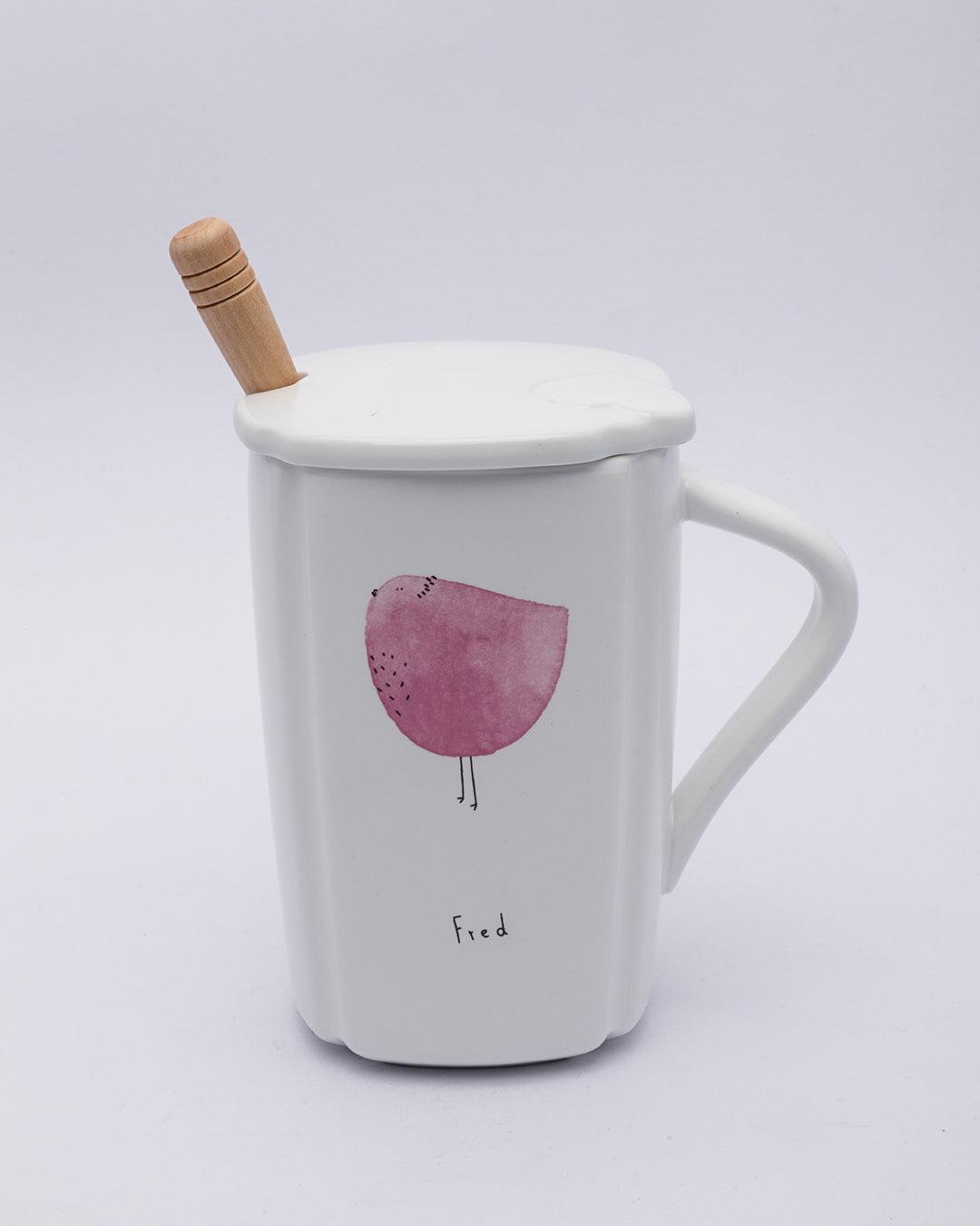 Mug with Lid & Spoon, Tea & Coffee Mug, White, Ceramic, 400 mL - MARKET 99