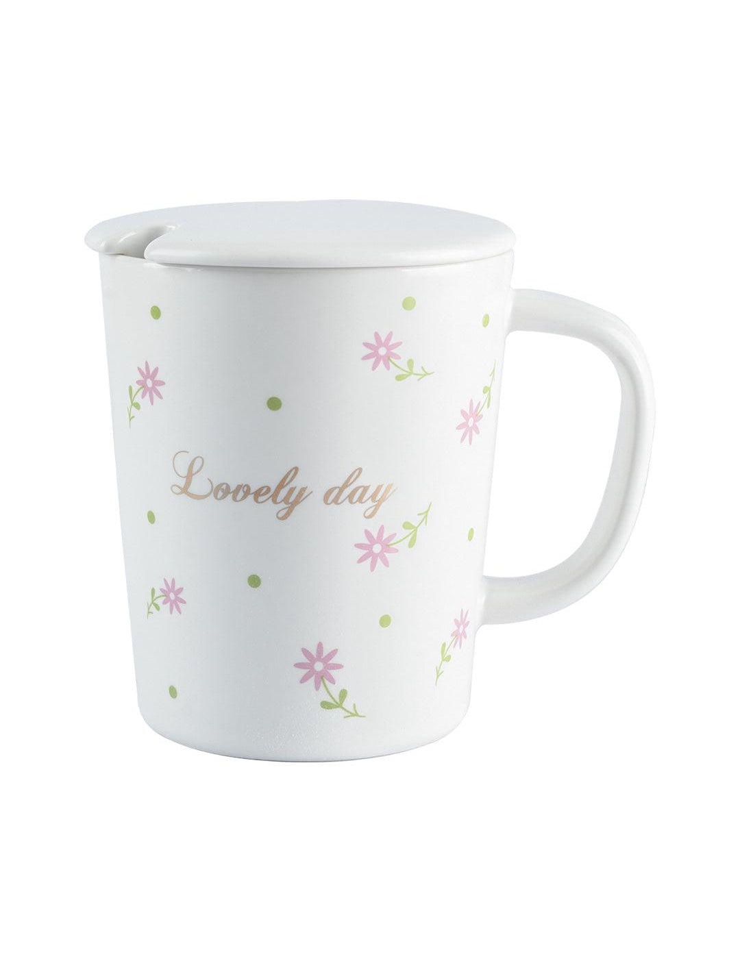 Mug with Lid & Spoon, Tea & Coffee Mug, White, Ceramic, 400 mL - MARKET 99