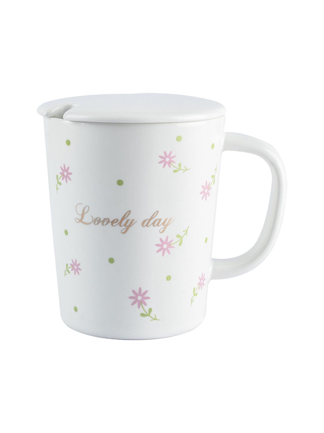 Mug with Lid & Spoon, Tea & Coffee Mug, White, Ceramic, 400 mL - MARKET 99