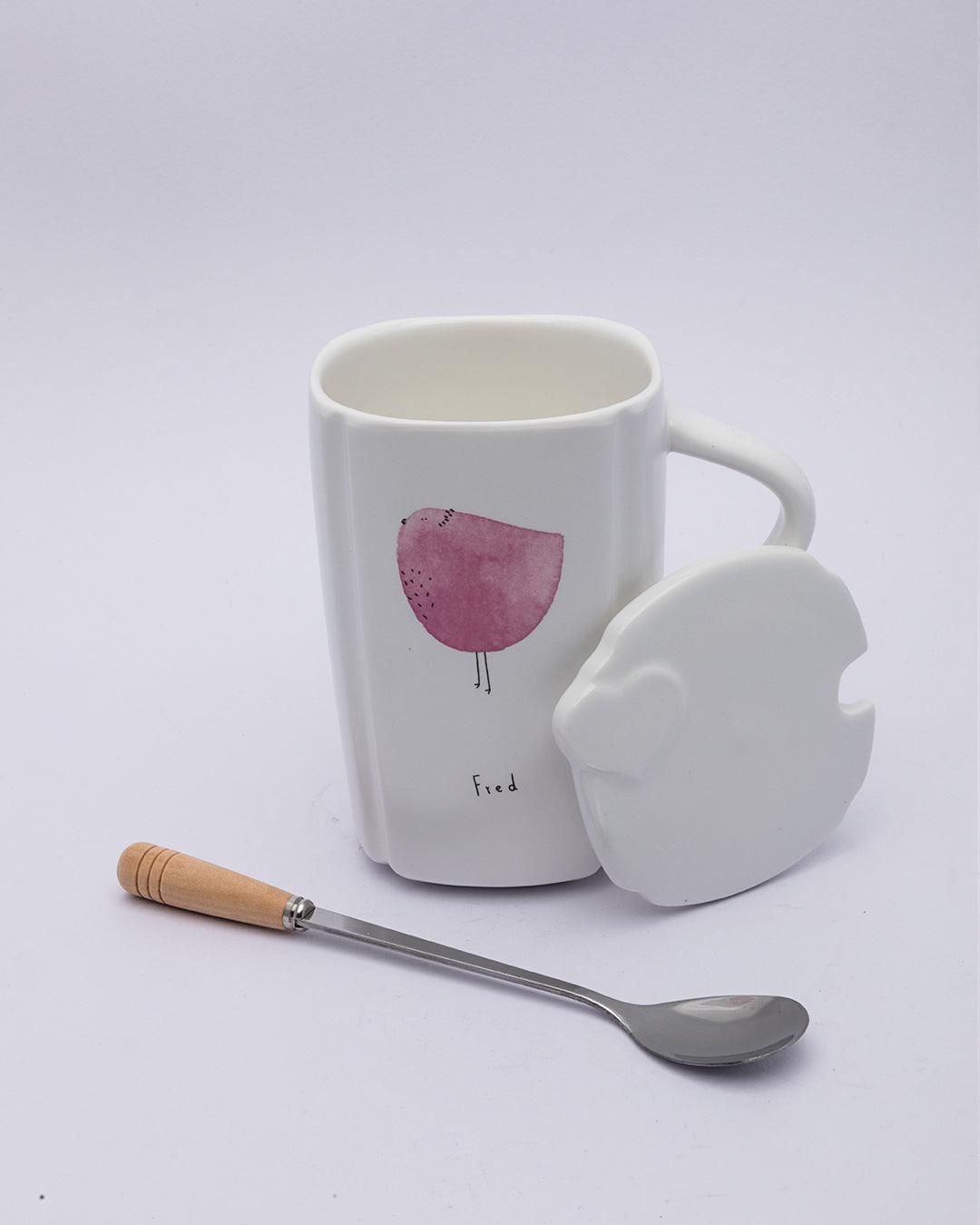 Mug with Lid & Spoon, Tea & Coffee Mug, White, Ceramic, 400 mL - MARKET 99