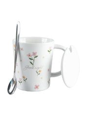 Mug with Lid & Spoon, Tea & Coffee Mug, White, Ceramic, 400 mL - MARKET 99