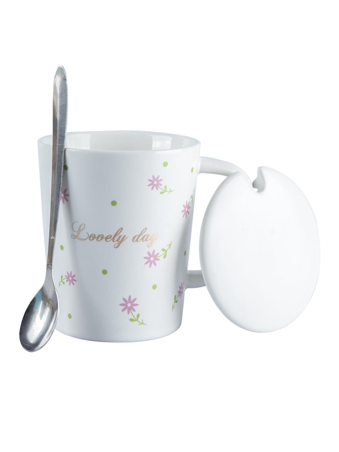 Mug with Lid & Spoon, Tea & Coffee Mug, White, Ceramic, 400 mL - MARKET 99