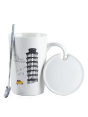 Mug with Lid & Spoon, Tea & Coffee Mug, White, Ceramic, 400 mL - MARKET 99