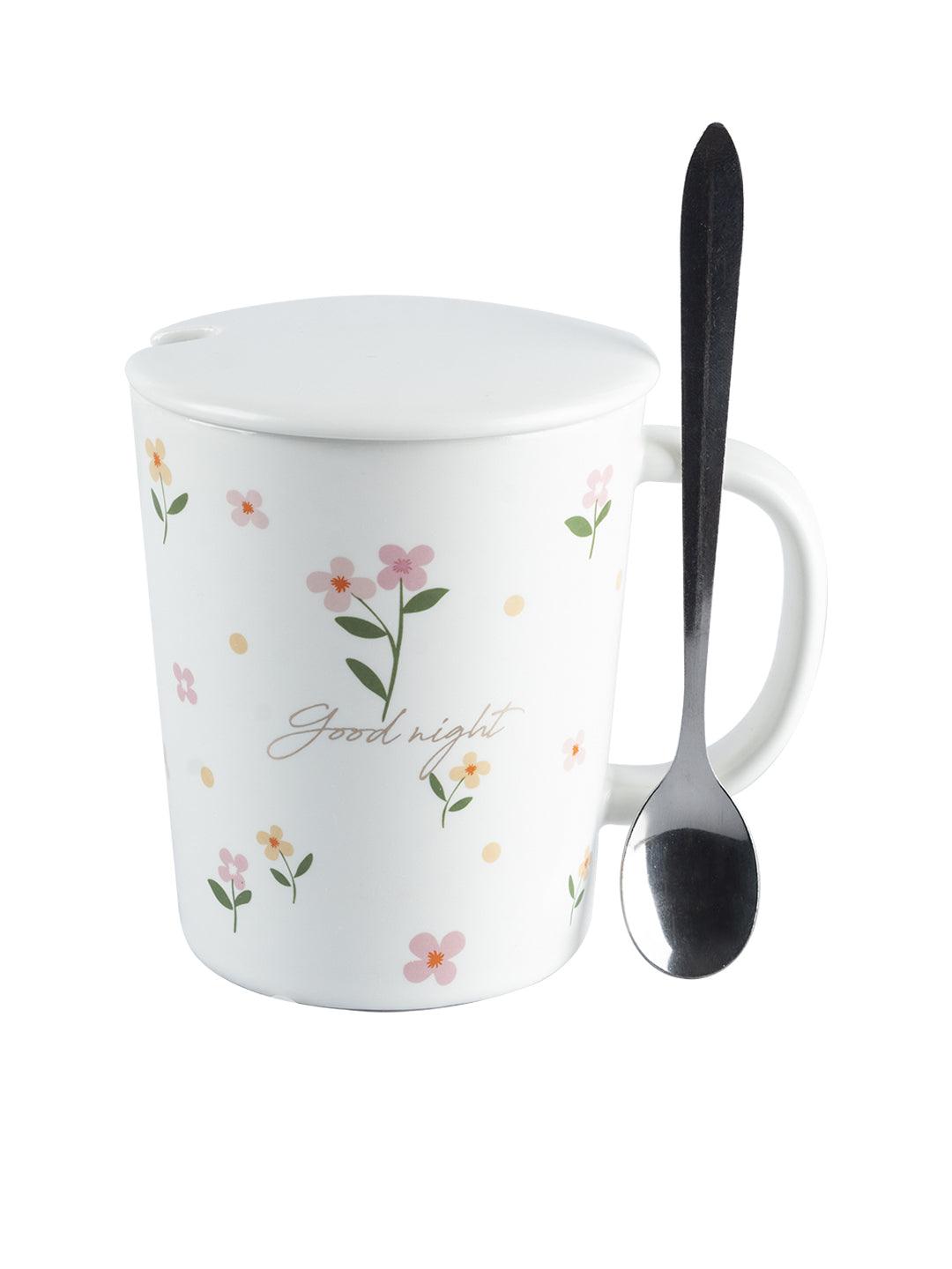 Mug with Lid & Spoon, Tea & Coffee Mug, White, Ceramic, 400 mL - MARKET 99