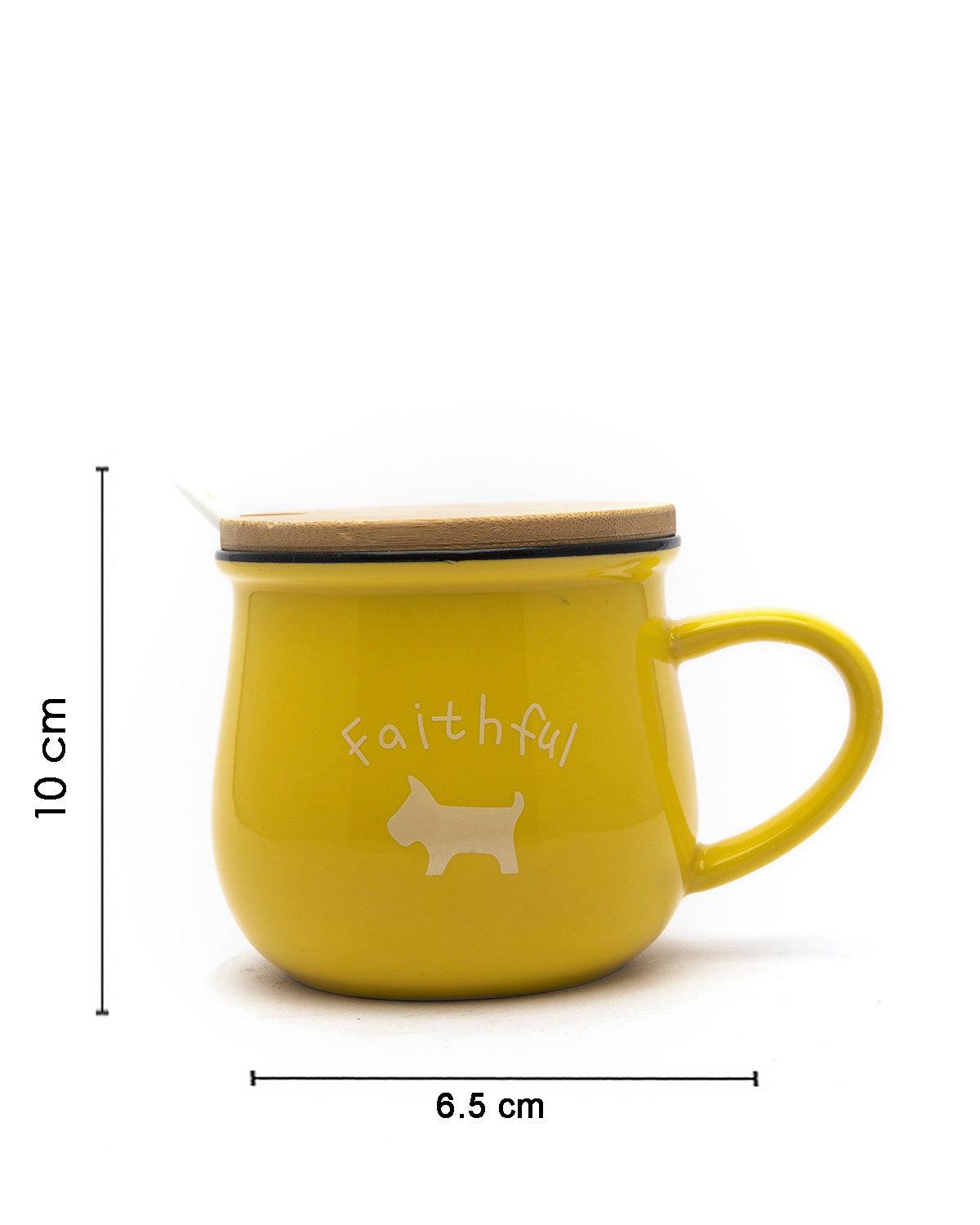 Mug with Lid & Spoon, Tea & Coffee Mug, Yellow, Ceramic, 400 mL - MARKET 99