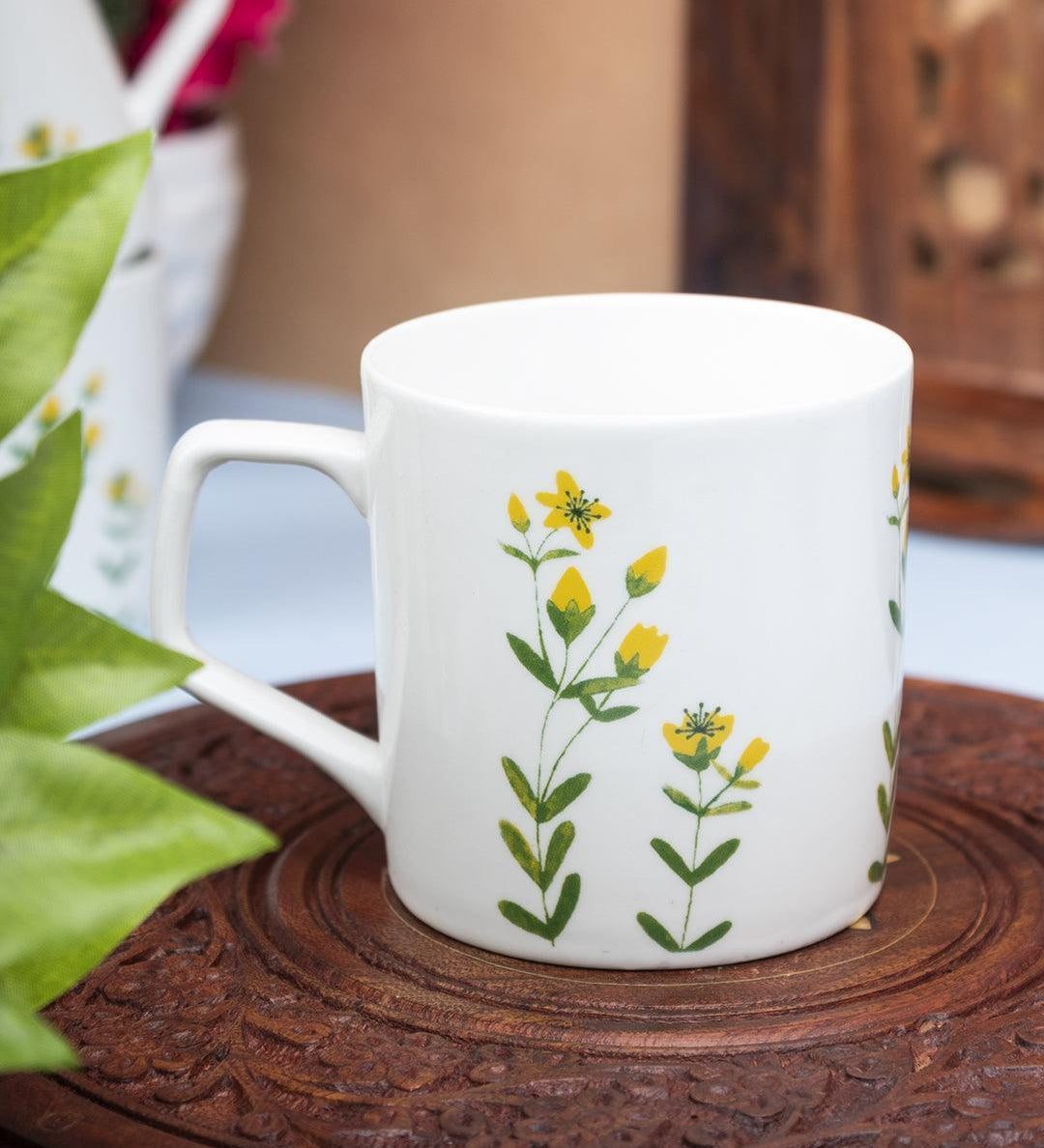 'Mustard'  Drinkware Glossy Ceramic Coffee Mug ( White & Floral Plant, Set Of 6, 230 mL)