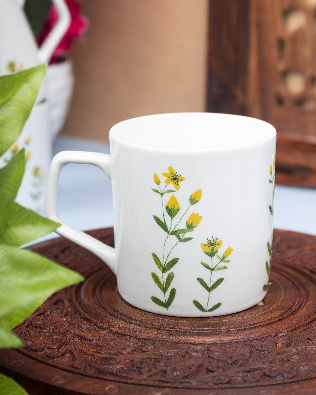 'Mustard'  Drinkware Glossy Ceramic Coffee Mug ( White & Floral Plant, Set Of 6, 230 mL)