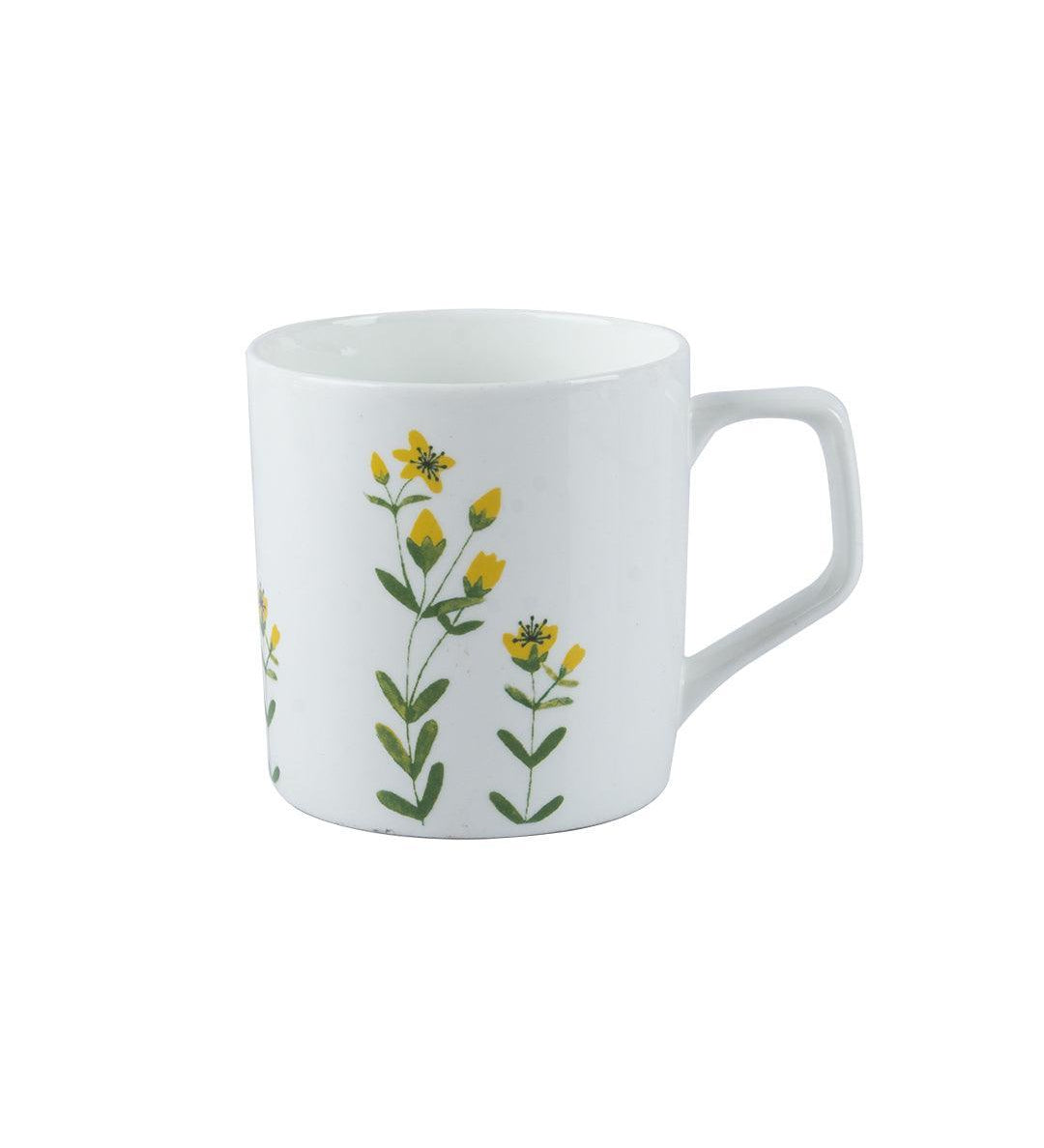 'Mustard'  Drinkware Glossy Ceramic Coffee Mug ( White & Floral Plant, Set Of 6, 230 mL)
