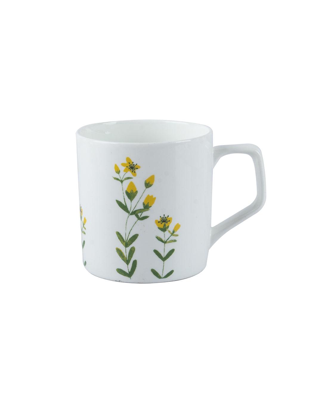 'Mustard'  Drinkware Glossy Ceramic Coffee Mug ( White & Floral Plant, Set Of 6, 230 mL)