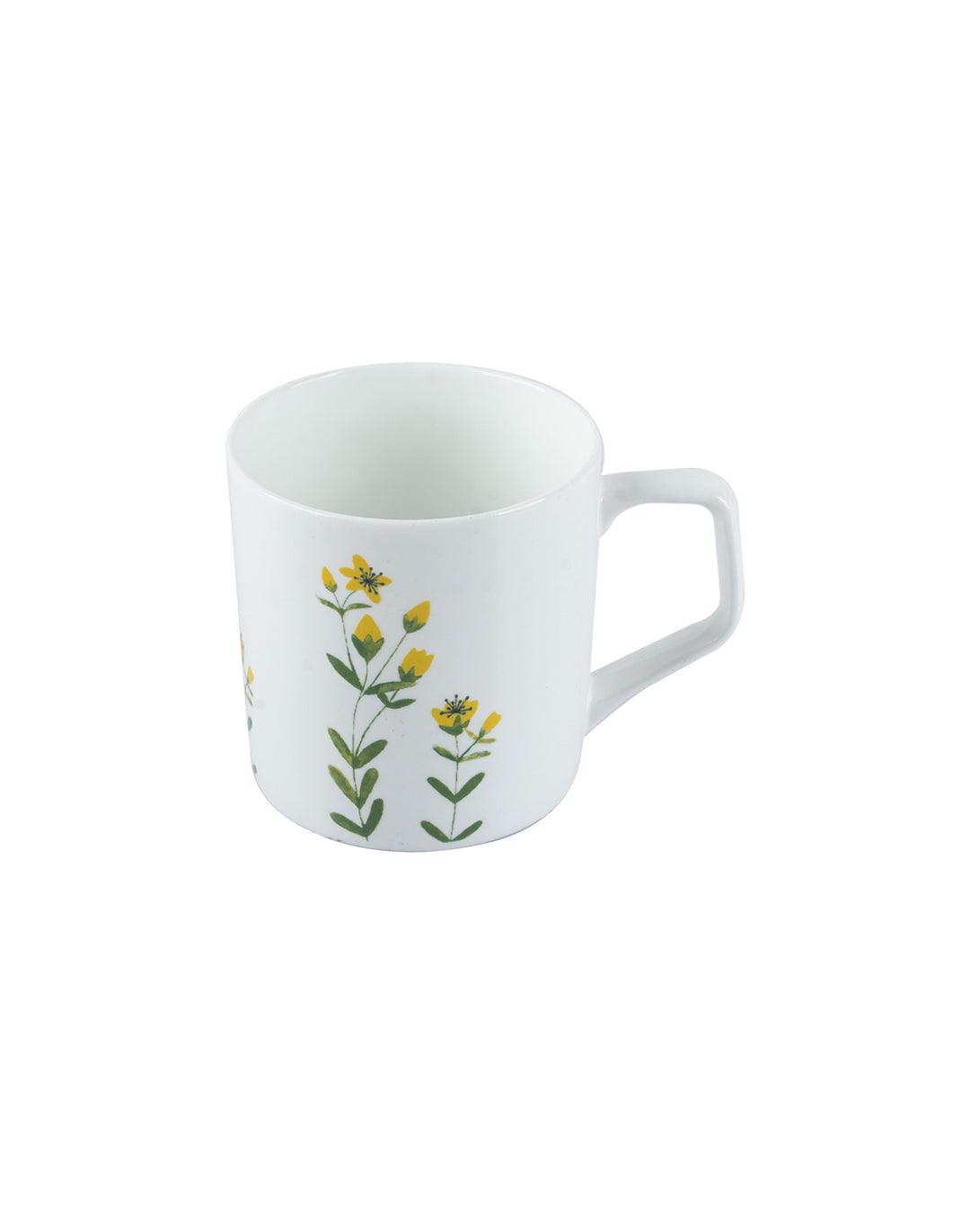 'Mustard' Drinkware Glossy Ceramic Coffee Mug ( White & Floral Plant, Set Of 6, 230 mL) - MARKET 99