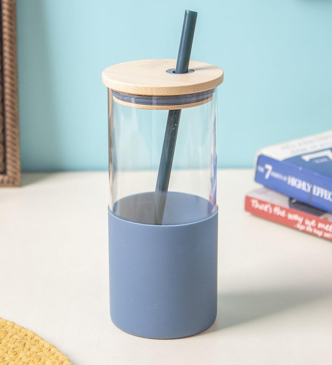 Navy Blue Borosilicate Glass Sipper With Straw - 350 Ml