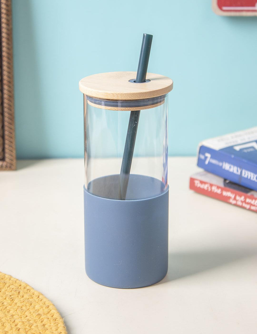 Navy Blue Borosilicate Glass Sipper With Straw - 350 Ml