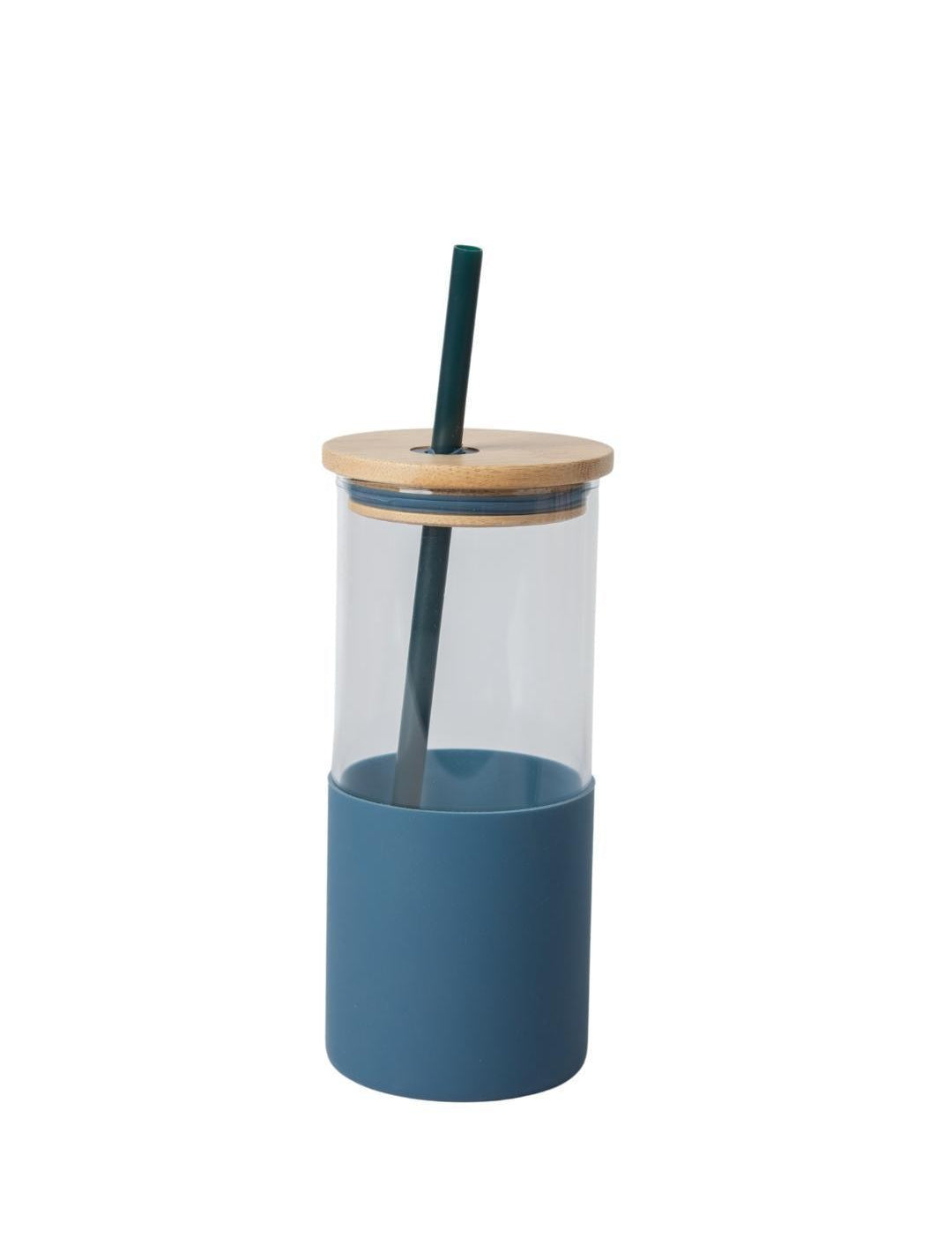 Navy Blue Borosilicate Glass Sipper With Straw - 350 Ml