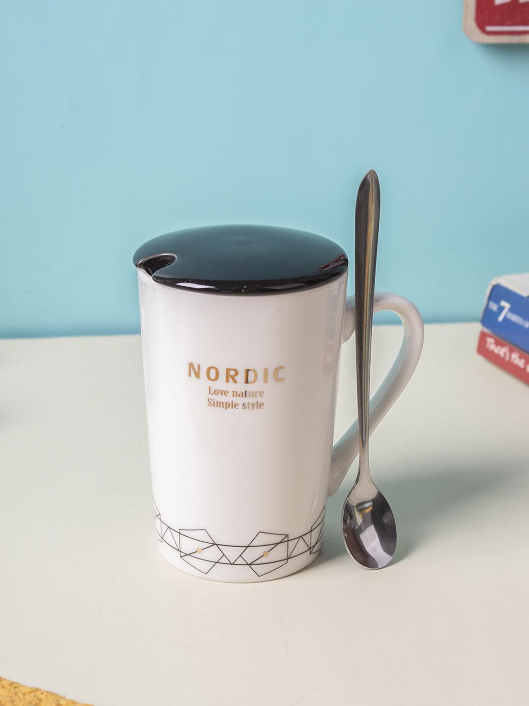 "NORDIC" Coffee Mug With Ceramic Lid and Spoon - White, 450mL