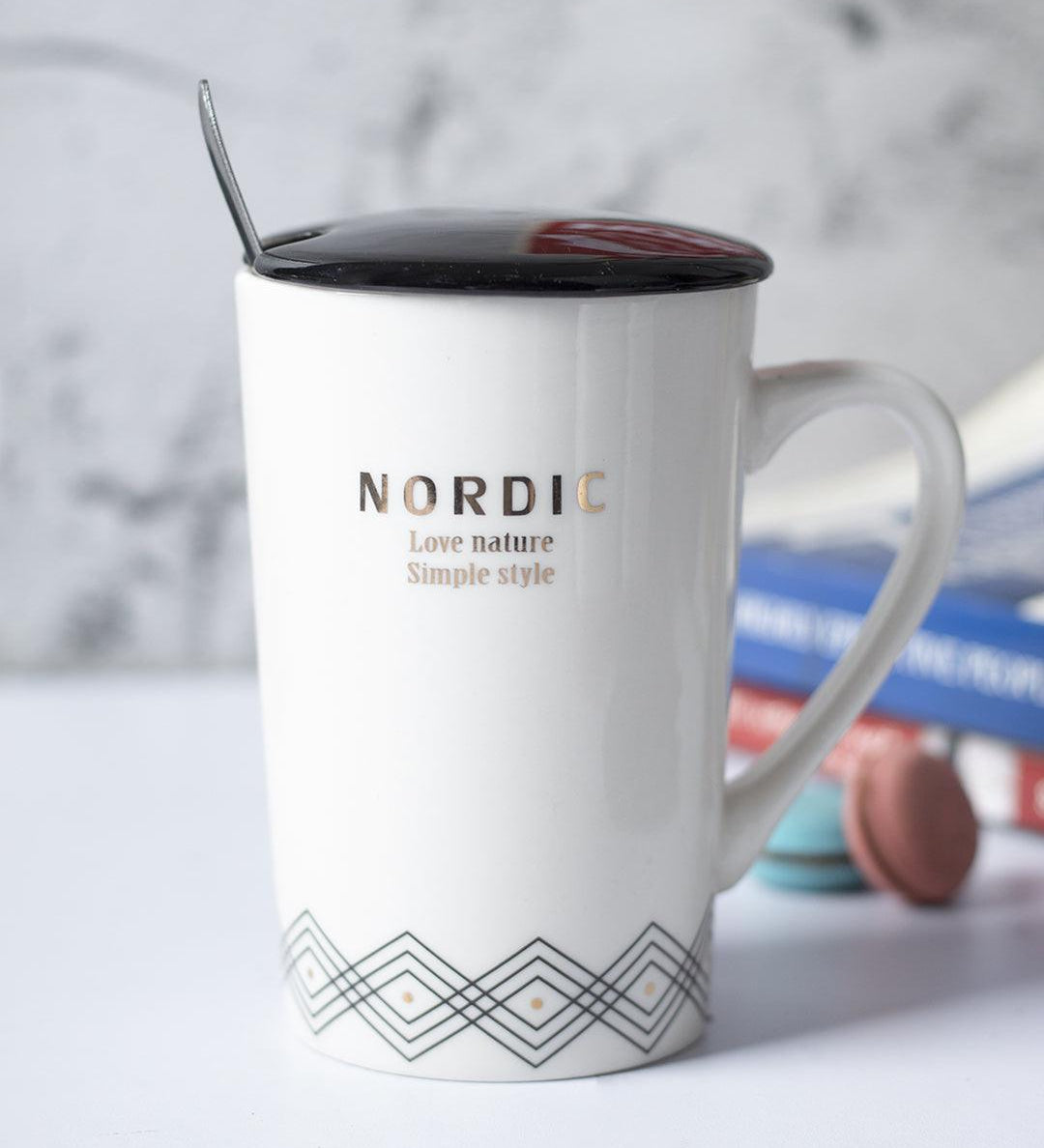 "NORDIC" Coffee Mug With Ceramic Lid and Spoon - White, 450mL