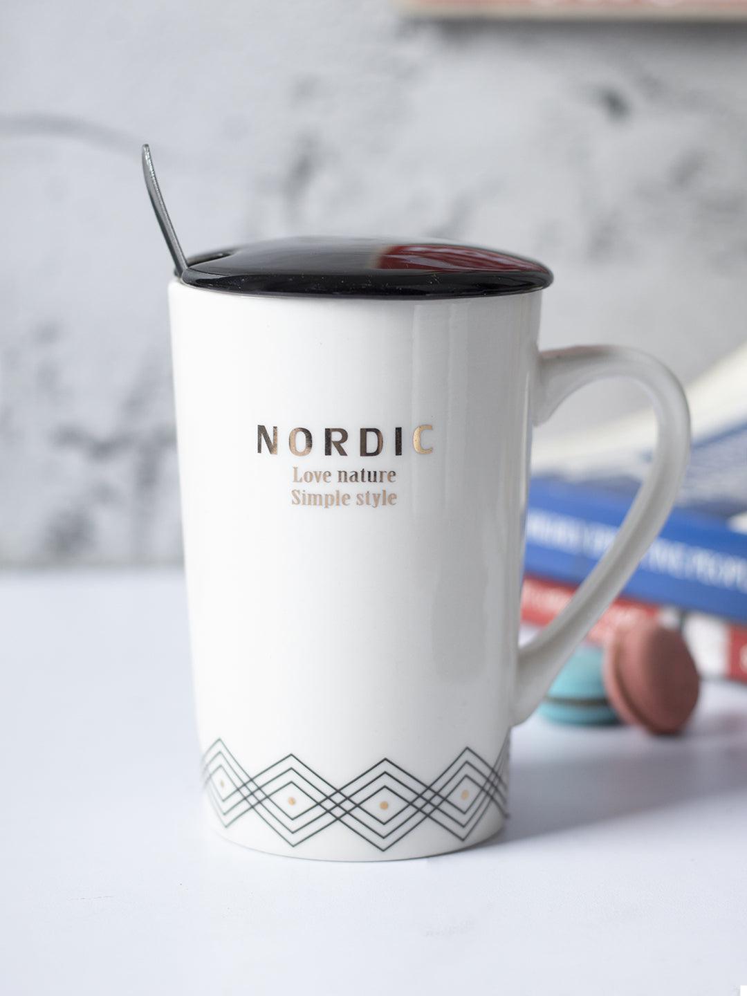 "NORDIC" Coffee Mug With Ceramic Lid and Spoon - White, 450mL