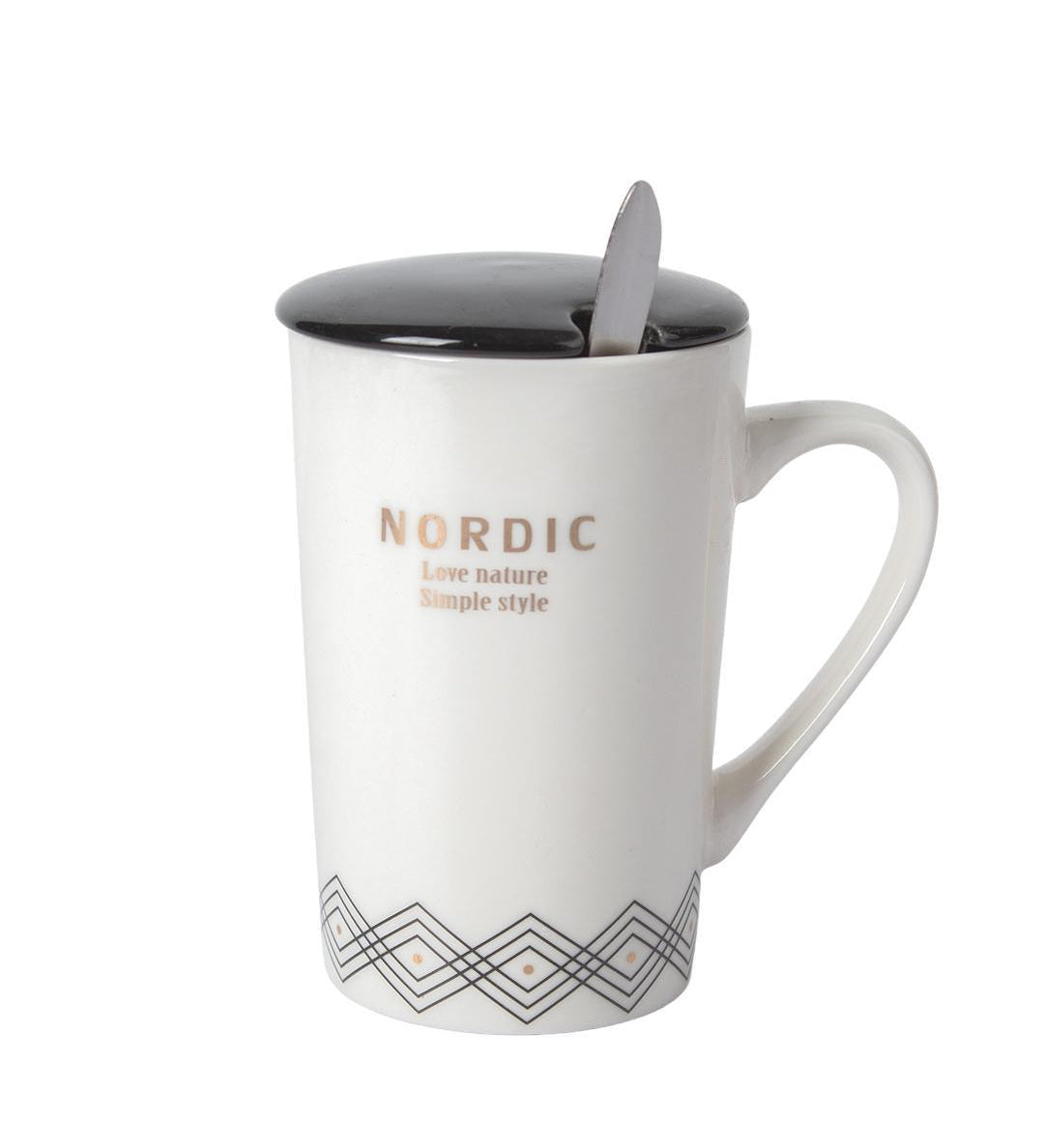 "NORDIC" Coffee Mug With Ceramic Lid and Spoon - White, 450mL