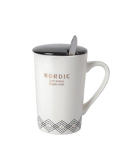 "NORDIC" Coffee Mug With Ceramic Lid and Spoon - White, 450mL