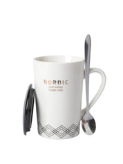 "NORDIC" Coffee Mug With Ceramic Lid and Spoon - White, 450mL