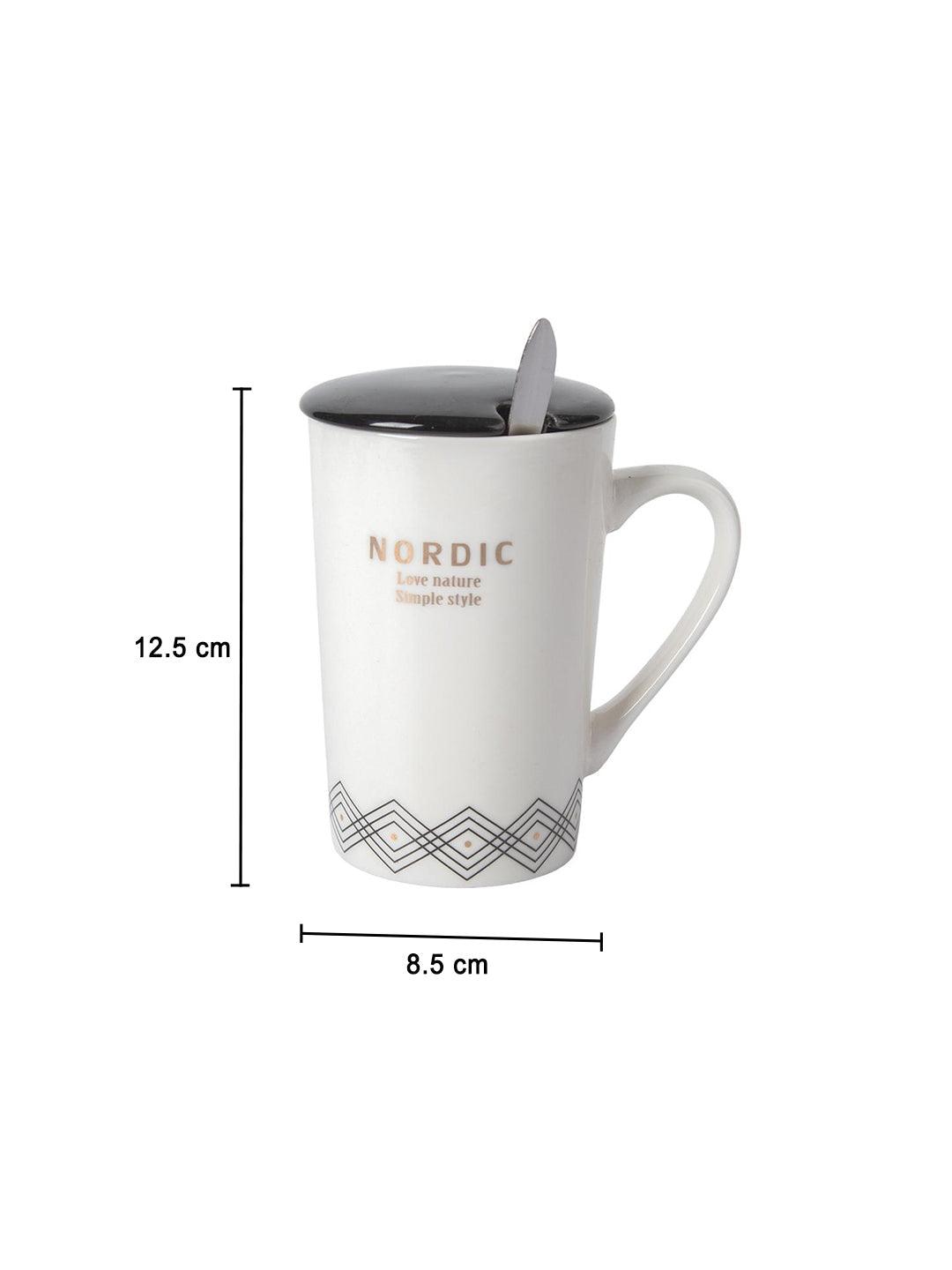 "NORDIC" Coffee Mug With Ceramic Lid and Spoon - White, 450mL