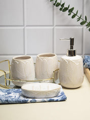 Off White Ceramic Bathroom Set Of 4 - Leafy Pattern, Bath Accessories - MARKET 99