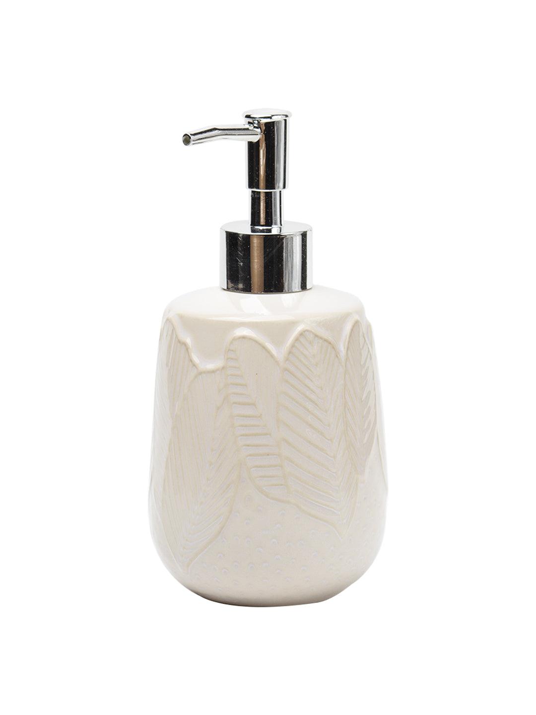 Off White Ceramic Bathroom Set Of 4 - Leafy Pattern, Bath Accessories - MARKET 99