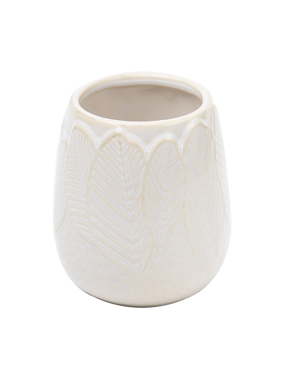 Off White Ceramic Bathroom Set Of 4 - Leafy Pattern, Bath Accessories - MARKET 99