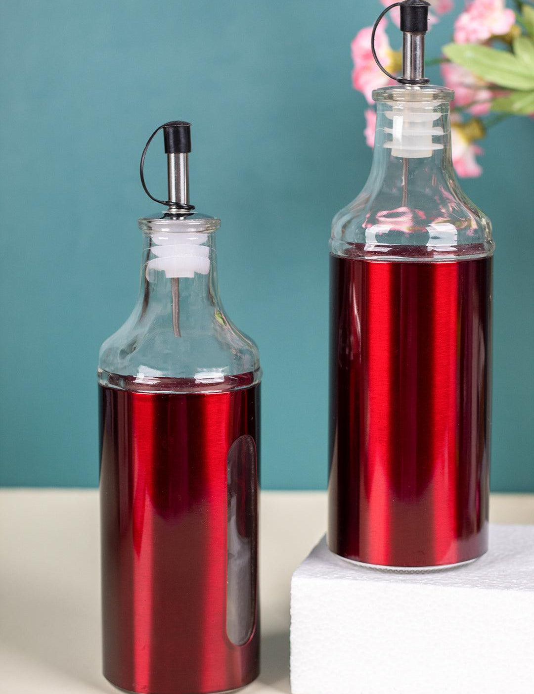 Oil Dispenser, Red, Glass, Set Of 2, 350 mL - MARKET 99