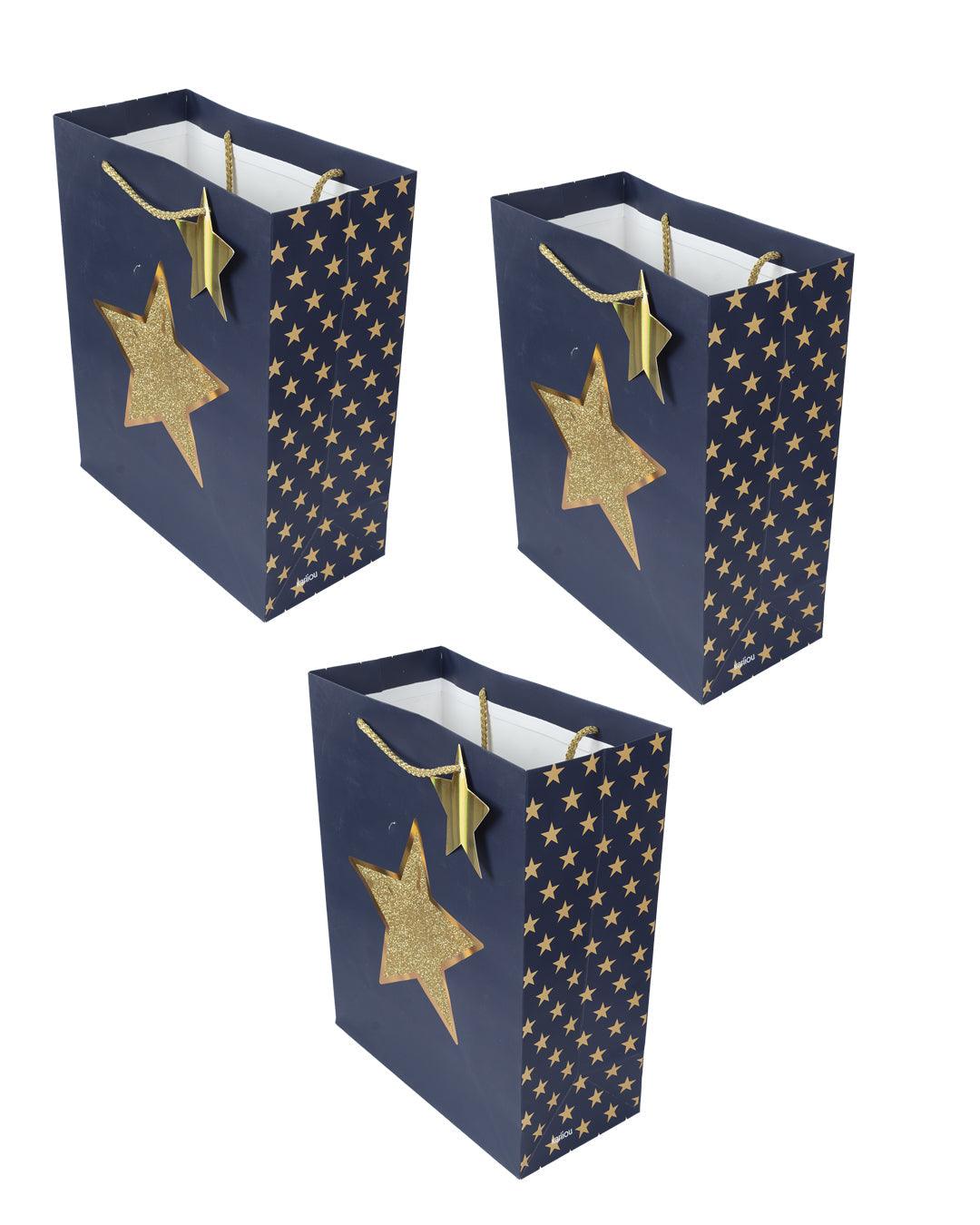 Paper, Gift Bag (Large) Pack Of 3, Printed Star, Glitter : Finish, Multicolor