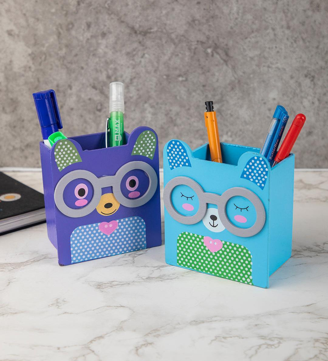 Pen Pot, Animal Design, Blue & Purple, MDF, Set of 2 - MARKET 99