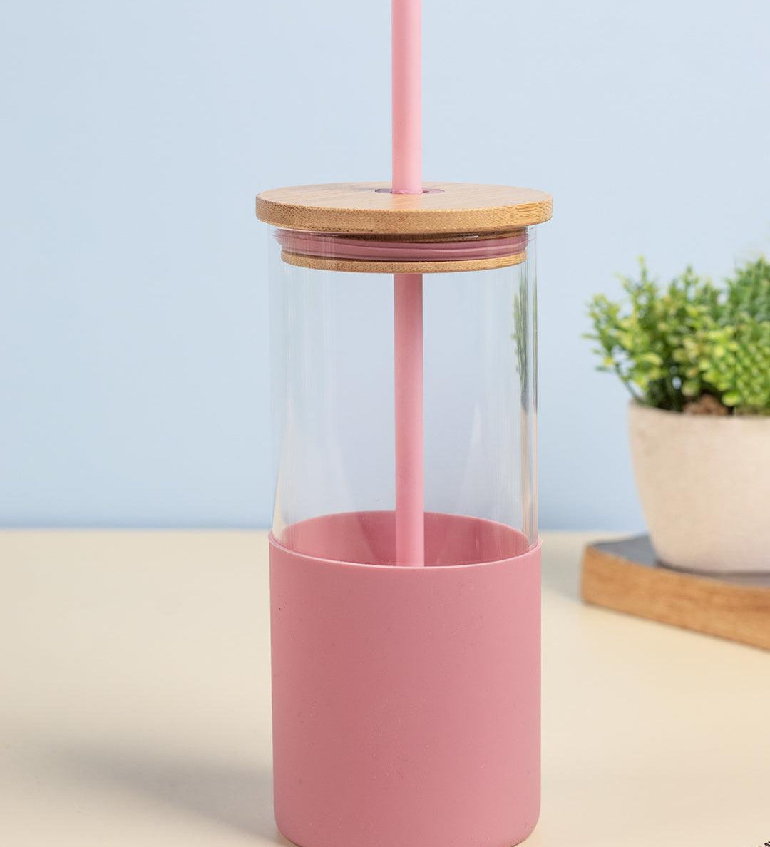 Pink Borosilicate Glass Sipper With Straw - 350 Ml